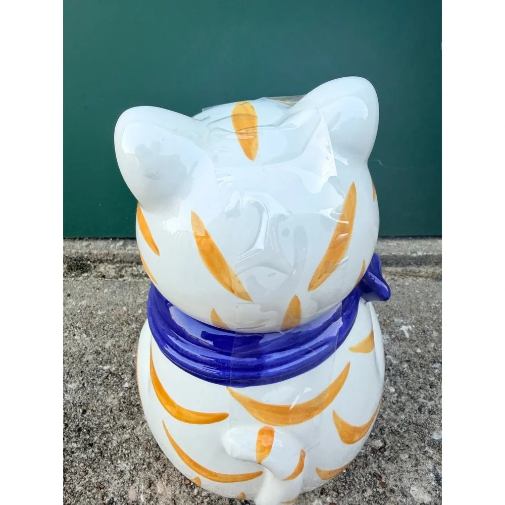 Vintage Style Ceramic White Orange Striped Cat Cookie Jar Blue Scarf 10‎ Inch